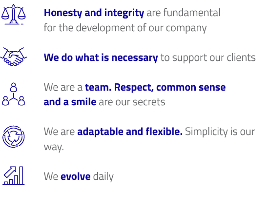 Honesty and&nbsp;integrity are&nbsp;fundamental for&nbsp;the&nbsp;development of&nbsp;our companyWe do what is&nbsp;necessary to&nbsp;support our clientsWe are&nbsp;a&nbsp;team. 